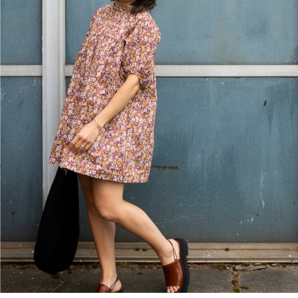 Everlane Floral Shirred Cotton Mini Dress Brown Size XS NEW